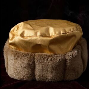 Luxurious Gold Satin Hat with Brown Fur Trim